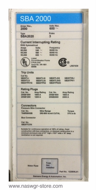 Siemens SBA2000 Circuit Breaker (M/O,B/I) - 2000 Amp