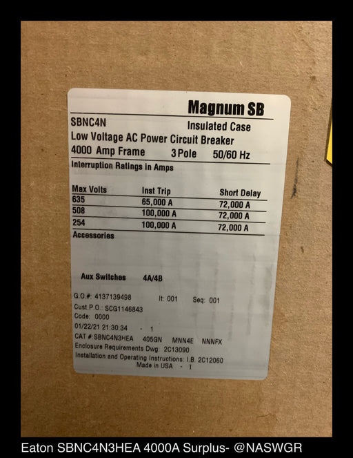Eaton Magnum SB SBNC4N Circuit Breaker (M/O,B/I) - 4000 Amp - Unused