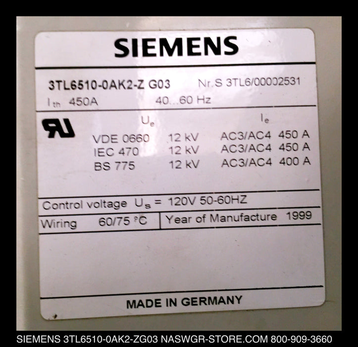 3TL6510-0AK2-ZG03 ~ Siemens 3TL6510-0AK2-ZG03 Vacuum Contactor ~ Siemens 3TL6