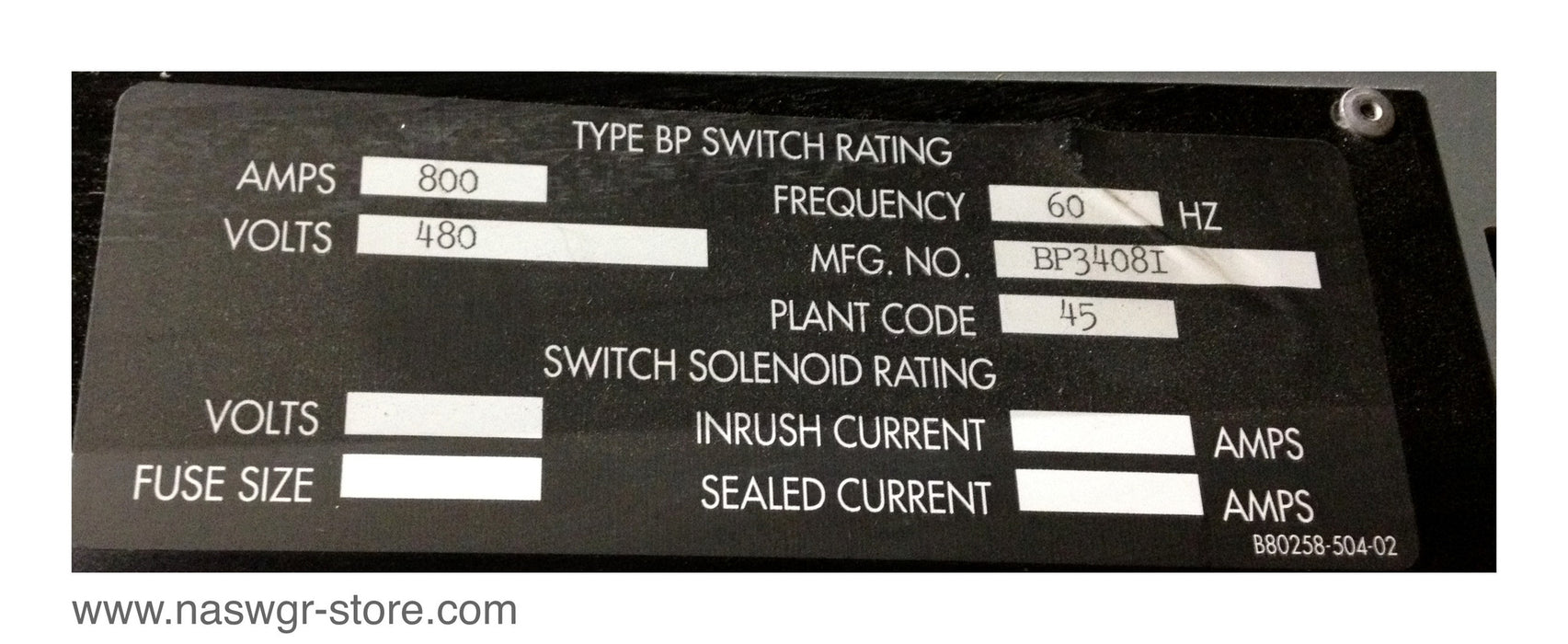BP3408I ~ Square D BP3408I Bolted Pressure Switch ~ Style: BP3408I ~ BPO3620Z ~ 800 Amp