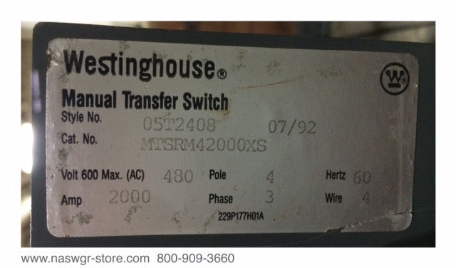 SPBNH 2000 Amp ~ Westinghouse 1230C70G03 Manual Transfer Switch