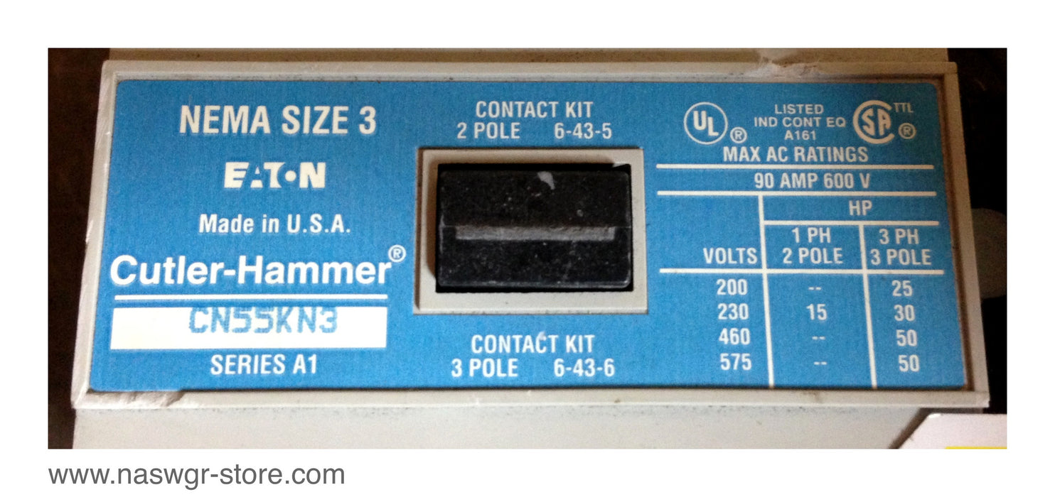 CN55KN3 , Eaton / Cutler Hammer CN55KN3 Contactor Kit , NEMA Size 3 , 2 Pole , 3 Pole , Series A1 , C320KGS32 , PN: CN55KN3