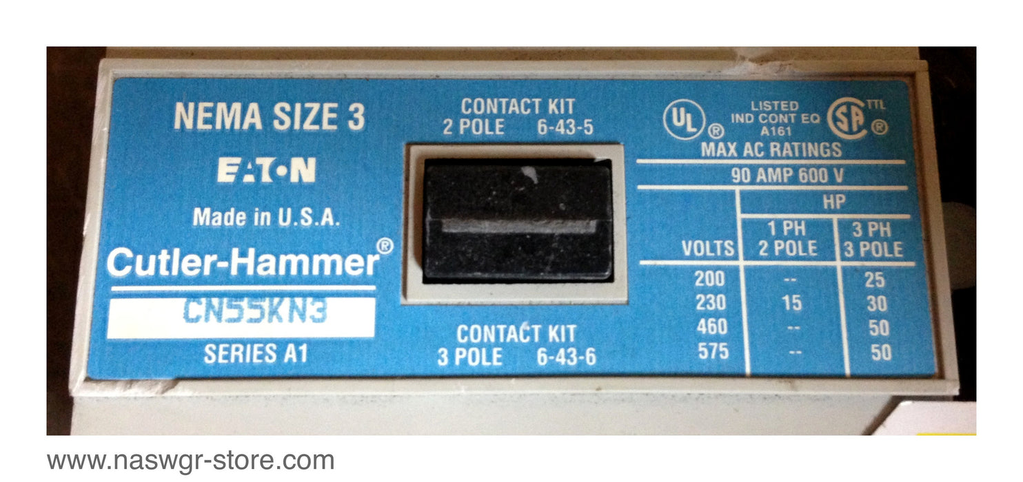 CN55KN3 , Eaton / Cutler Hammer CN55KN3 Contactor Kit , NEMA Size 3 , 2 Pole , 3 Pole , Series A1 , C320KGS32 , PN: CN55KN3