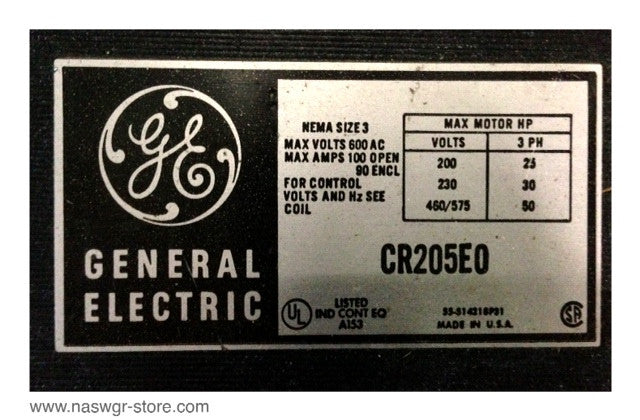 CR205E0 , GE CR205E0 Contactor , NEMA Size 3 , Max. Volts: 600AC , Max. Amps 100 Open , Coil: 55-501336G35 , 480V , 60 Hz , 400V , 50 Hz , CR205X300A , Series A , PN: CR205E0