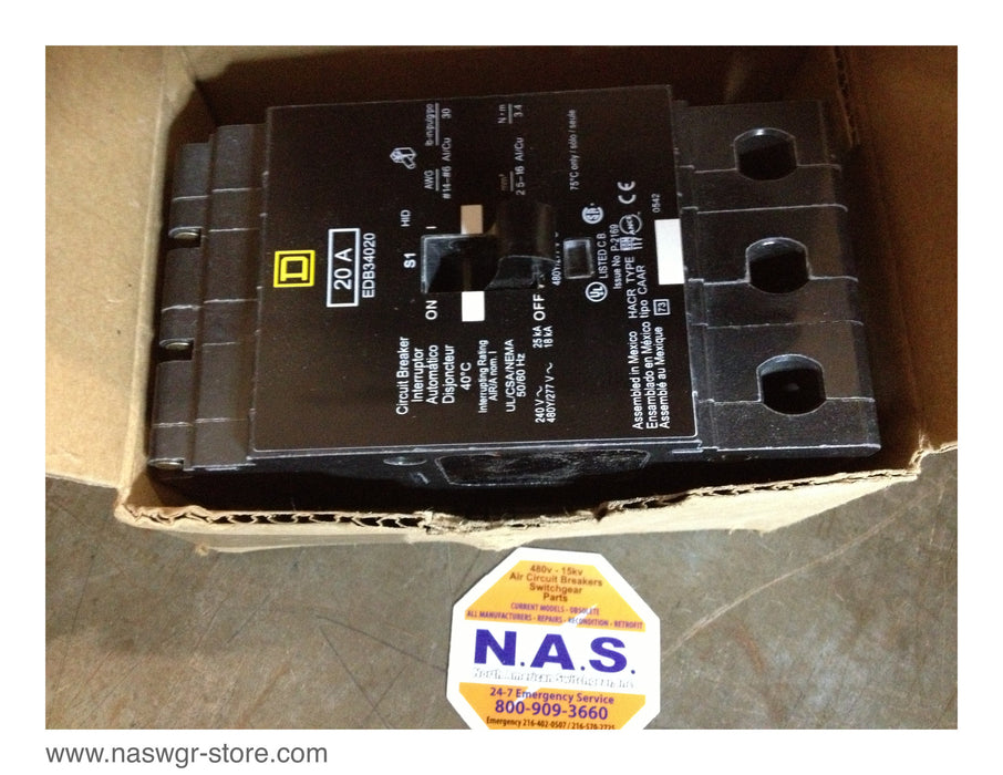 Square D EDB34020 Molded Case Circuit Breaker - 20 Amp - Unused