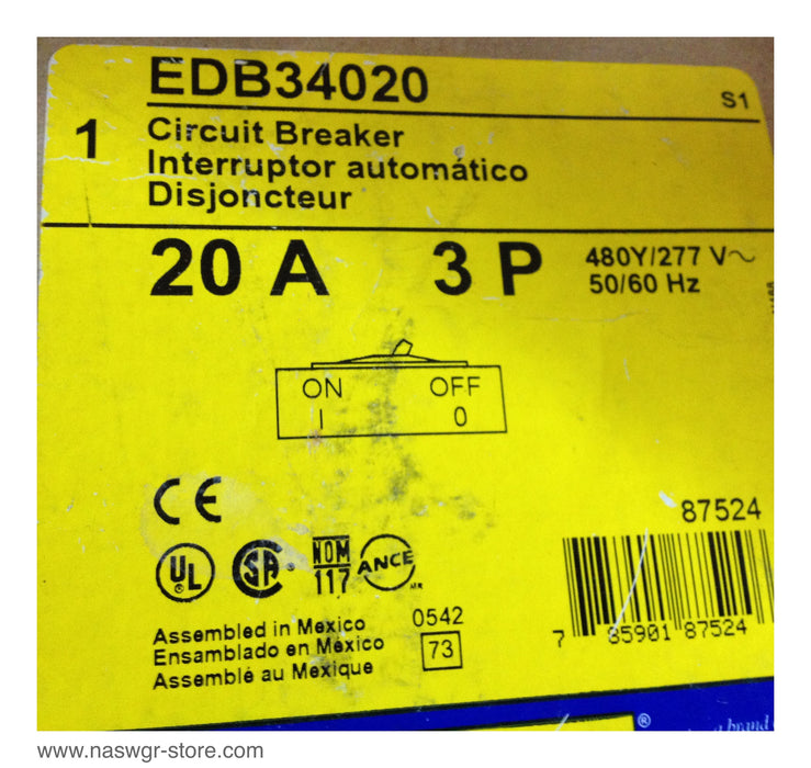 EDB34020 , Square D EDB34020 Circuit Breaker , Unused surplus in original box , 3 pole , 20 amp EDB , 600vAC-240vDC