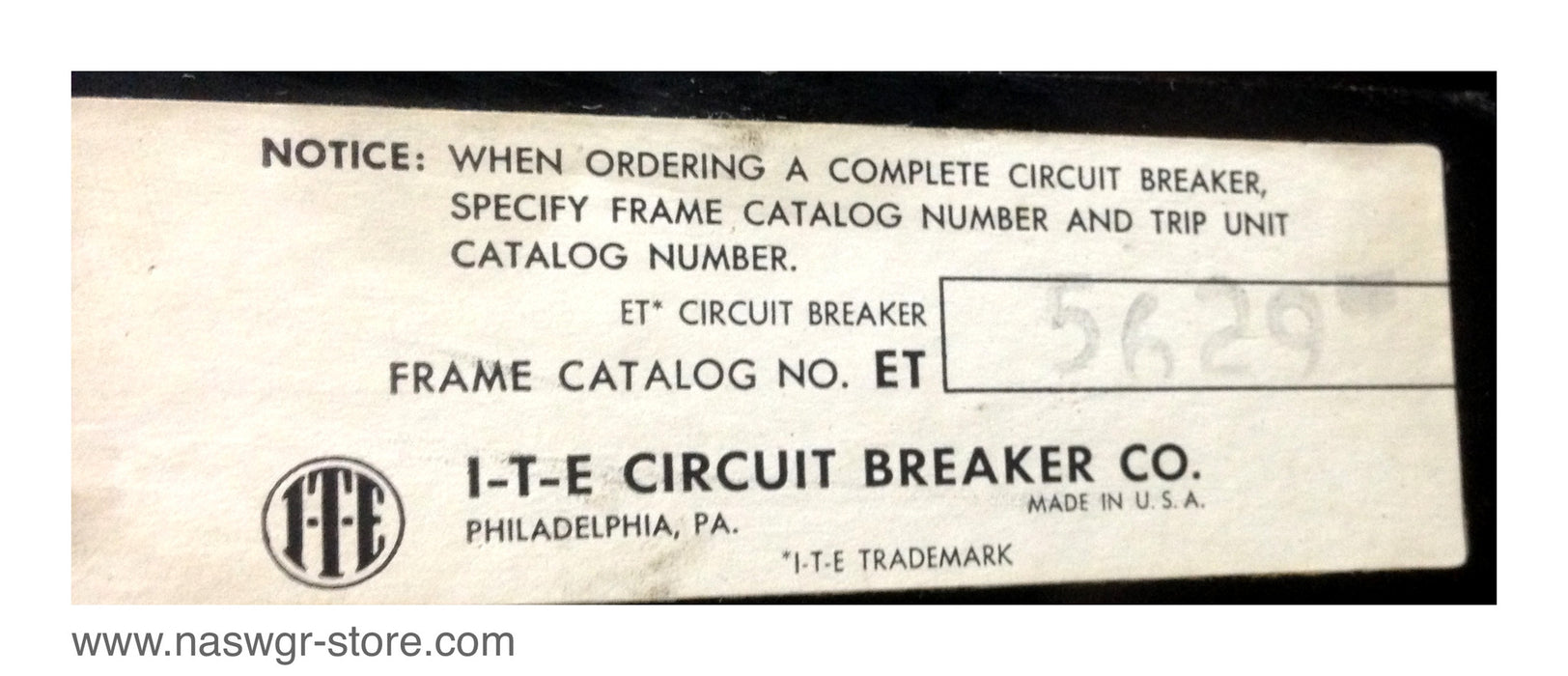 ITE ET-5629 Circuit Breaker Type: ET 225 Amperes JK Frame