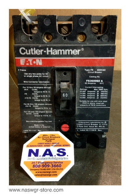 Cutler Hammer FS360060A Molded Case Circuit Breaker - 60 Amp