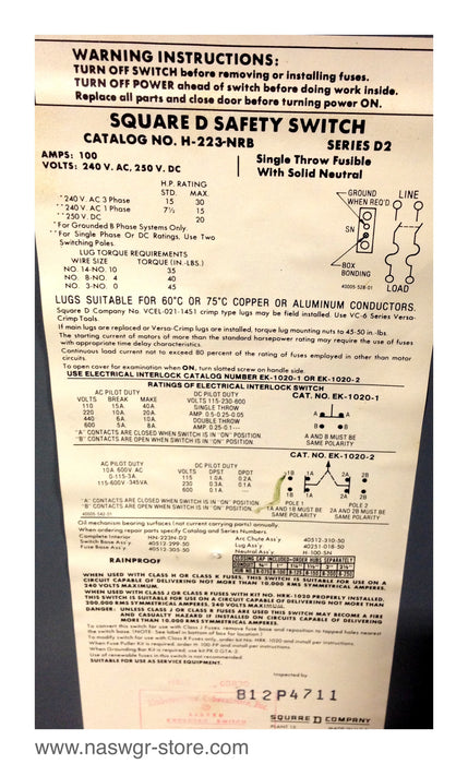 H223NRB ~ Square D H223NRB Saftey Switch ~ 100 Amp