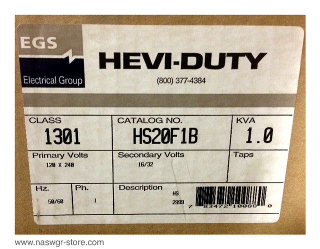 HS20F1B , EGS Electrical Group HS20F1B Hevi Duty General Purpose Transformer , Type: HS , * Unused Surplus in Box* , Primary Volts: 120/240 , Secondary Volts: 16/32 , 50/60 Hz , 1 Phase , 1.0 KVA , PN: HS20F1B