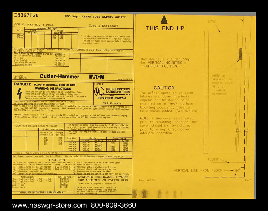 Cutler Hammer / Eaton DH367FGK Heavy Duty Safety Switch - 800A/600V/3P4W/N1