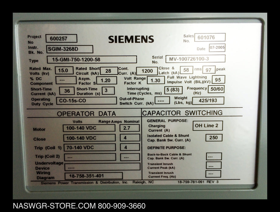 Siemens 15-GMI-750-1200-58 Vacuum Circuit Breaker - 1200 Amp