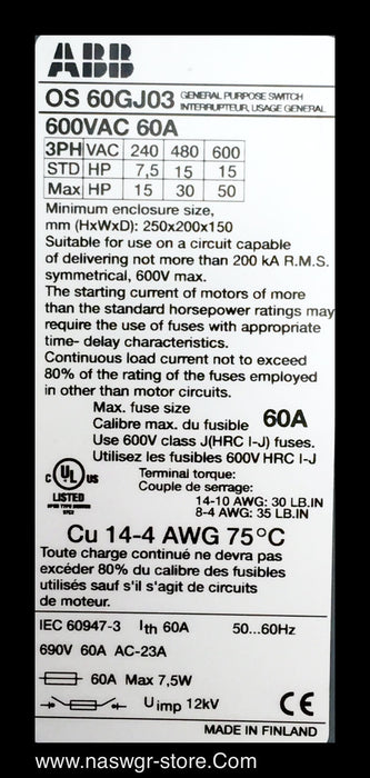 ABB OS 60GJ03 Switch ~ 60 Amp