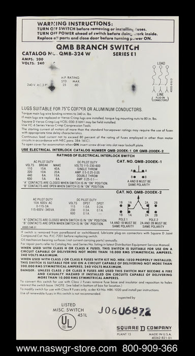 Square D QMB-324W Panel Board Switch
