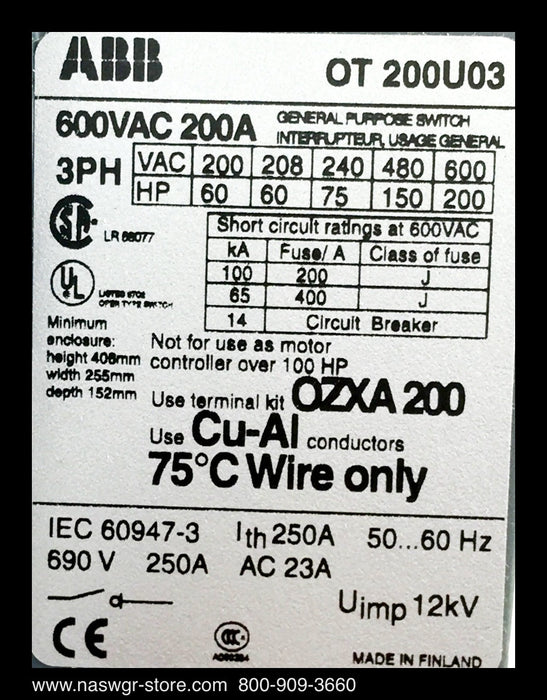 ABB OT 200U03 Switch ~ 200 Amp