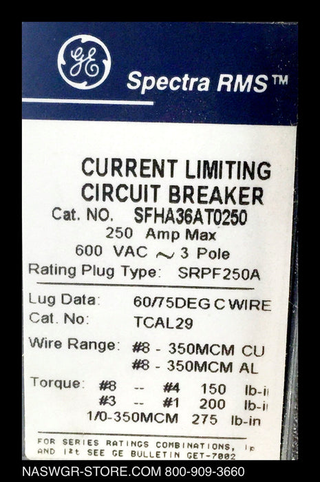 GE Spectra RMS SFHA36AT0250 Circuit Breaker - 250 Amp - Unused
