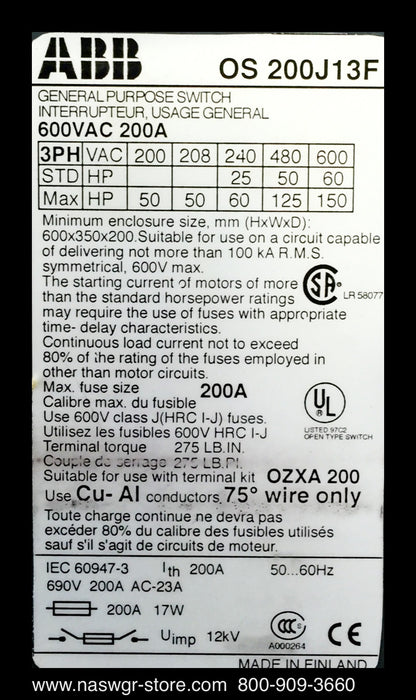 ABB OS 200J13F Switch ~ 200  Amp