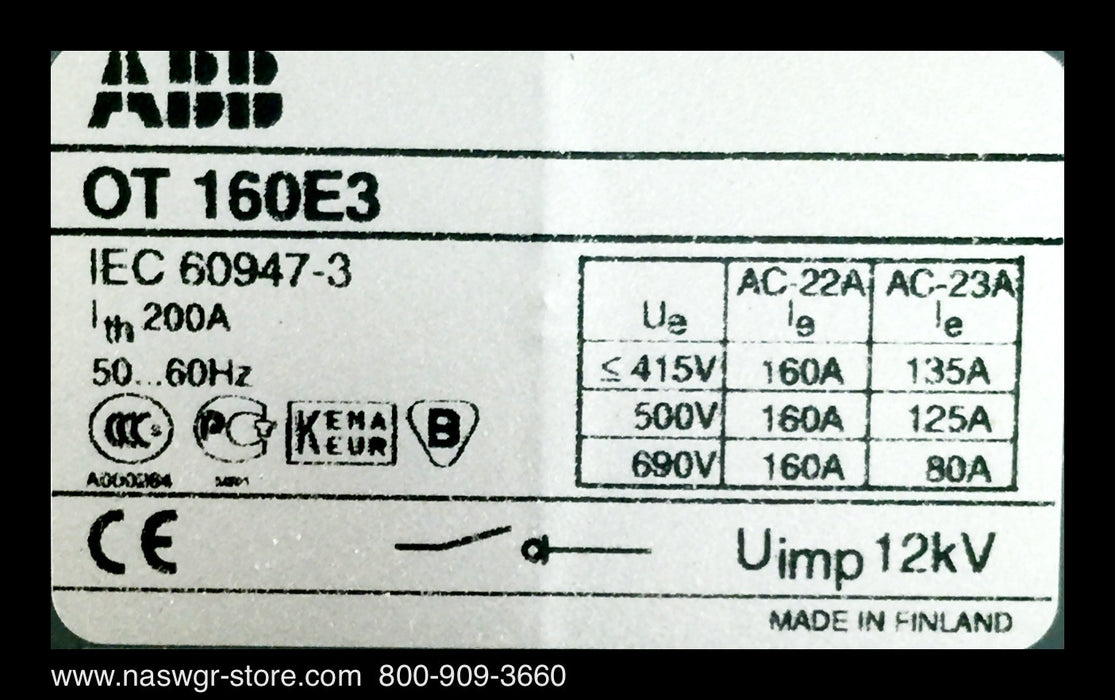 ABB OT160E3 Switch ~ 125 Amp