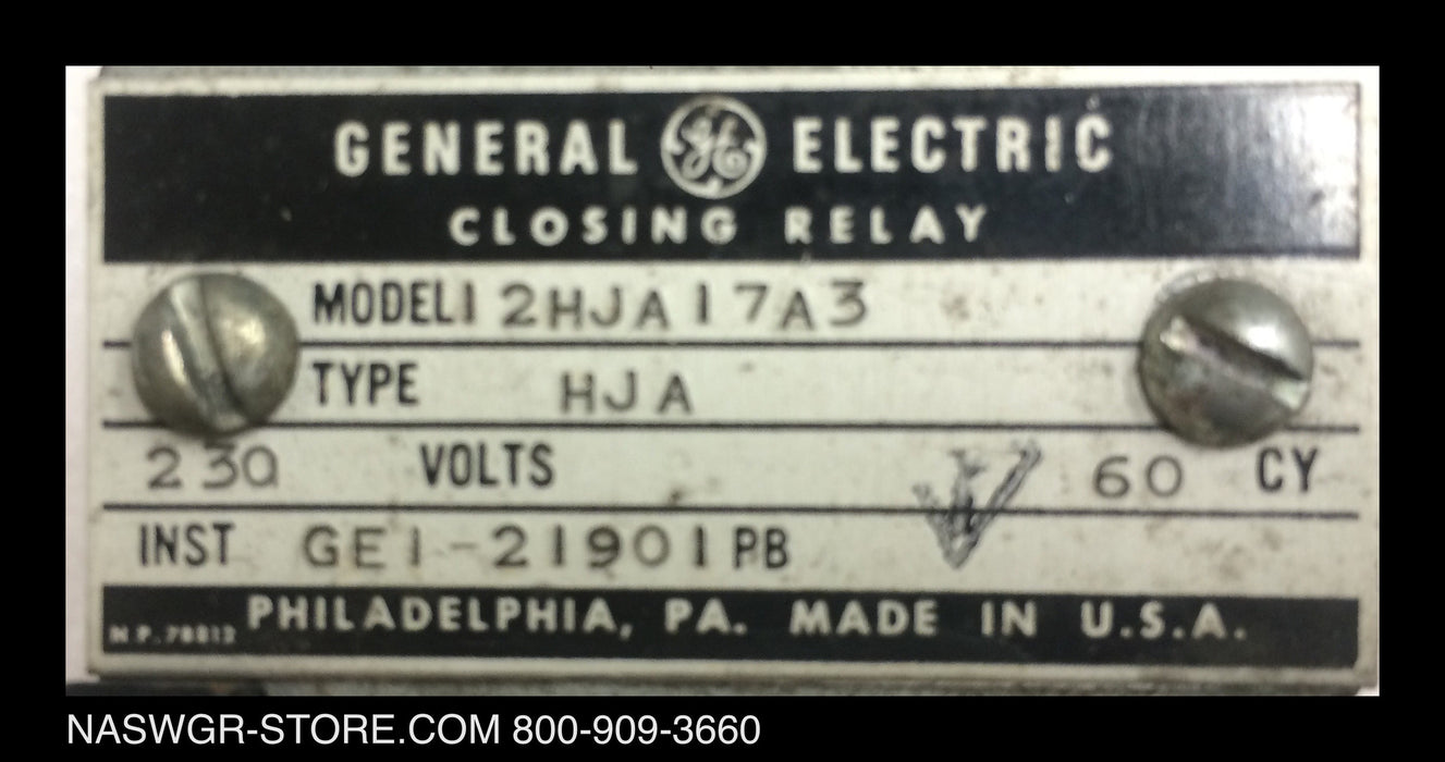 2HJA17A3 ~ GE 2HJA17A3 Closing Relay