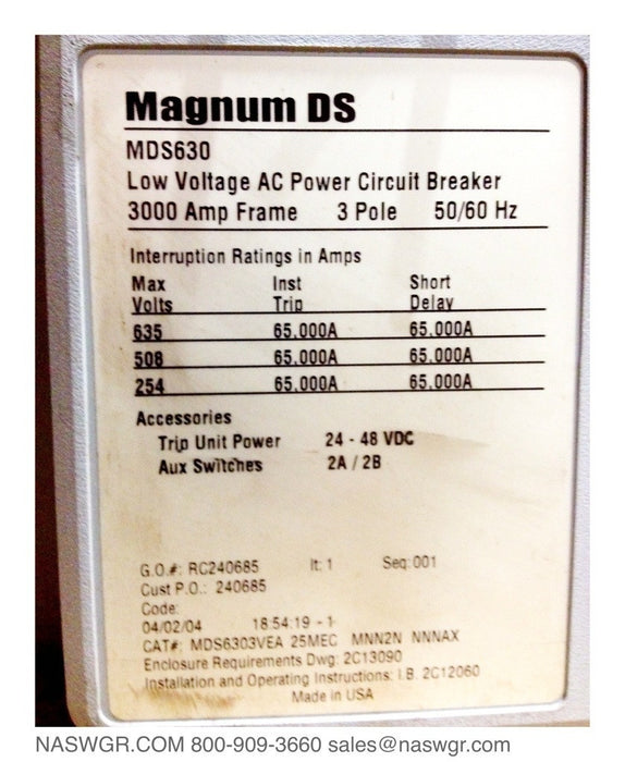 Eaton Magnum DS MDS630 Circuit Breaker (M/O,D/O) - 2500 Amp