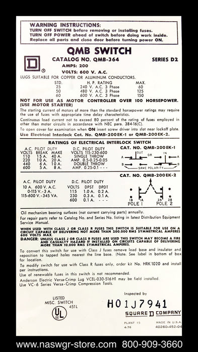 Square D QMB-364 Switch
