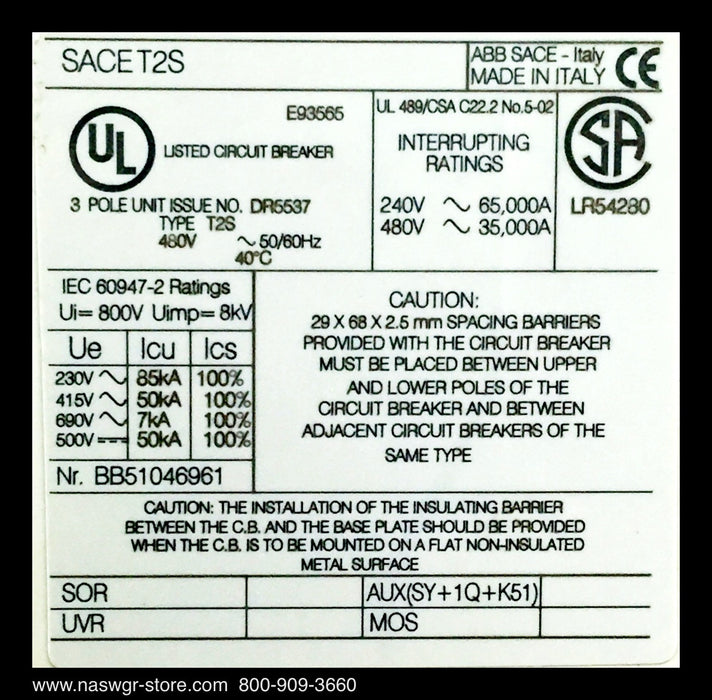 ABB SACE Tmax T2S060BW Molded Case Circuit Breaker ~ 60 Amp - Unused