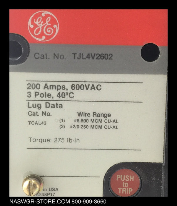 General Electric TJL4V2602 Molded Case Circuit Breaker - 200 Amp