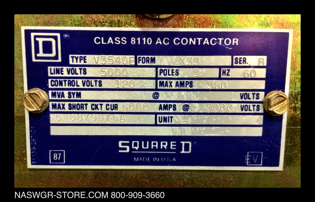 V3540E ~ Square D V3540E AC Vacuum Contactor ~ Class 8198