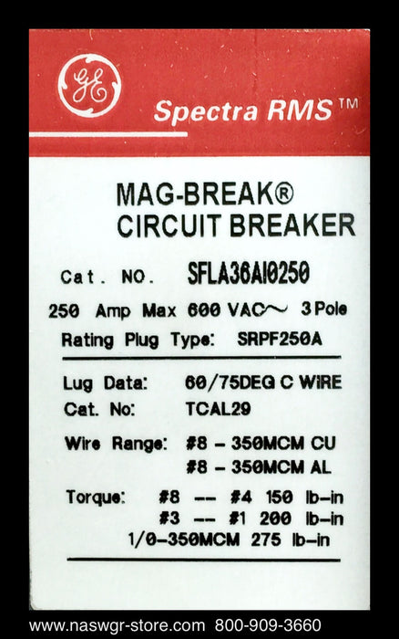 GE Spectra RMS SFLA36AI0250 Circuit Breaker - 250 Amp - Unused