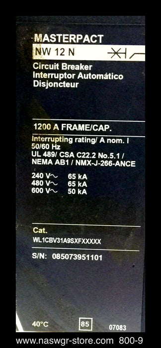 Square D MasterPact NW12N Circuit Breaker ~ 1000 Amp