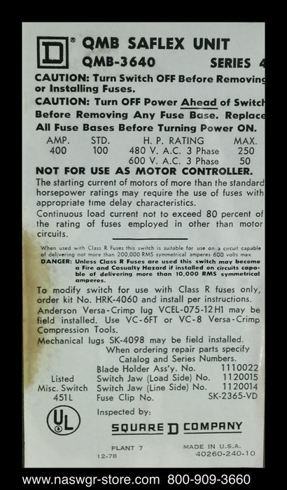 Square D QMB-3640 Panel Board Switch ~ 400 Amp