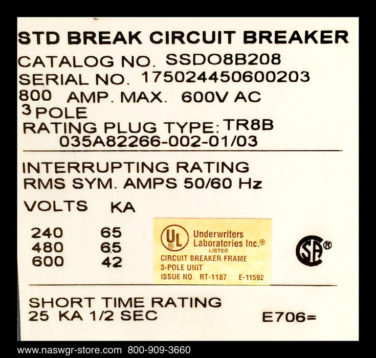 GE PowerBreak II SSD08B208 Circuit Breaker (M/O,D/O) - 800 Amp