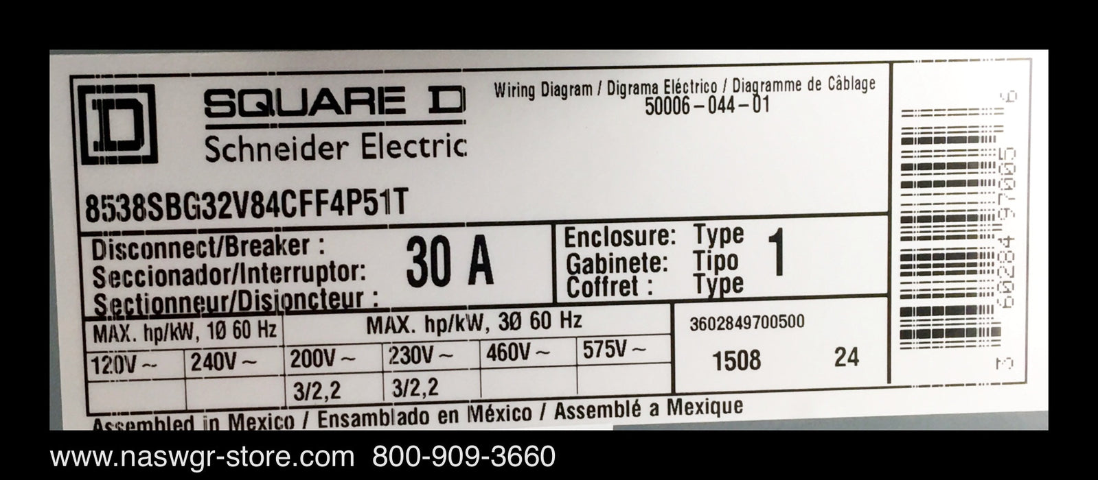 Square D 8538SBG32V84CFF4P1T Combination Starter - 30A/600v/SIZE0/N1 - Unused