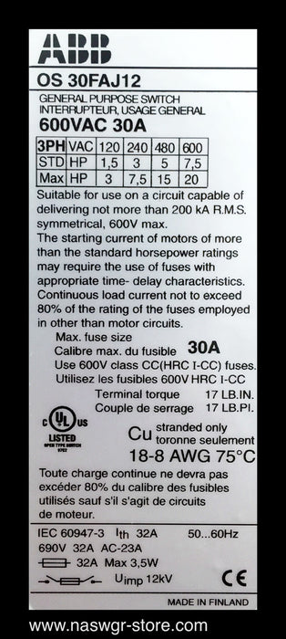ABB OS 30FAJ12 Switch ~ 30 Amp