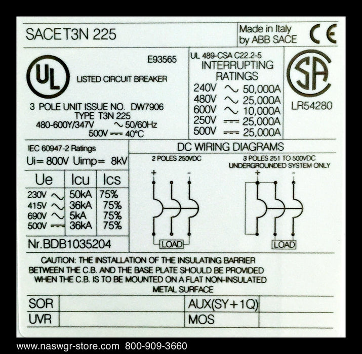 ABB Sace Tmax T3N Molded Case Circuit Breaker - 100 Amp - Unused