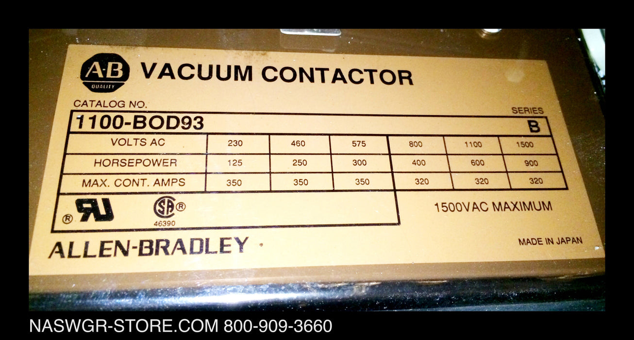 1100-BOD93 ~ Allen Bradley 1100-BOD93 Vacuum Contactor Series B ~ AB 1100-BOD93