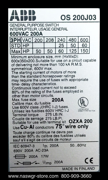 ABB OS 200J03 Switch ~ 200 Amp