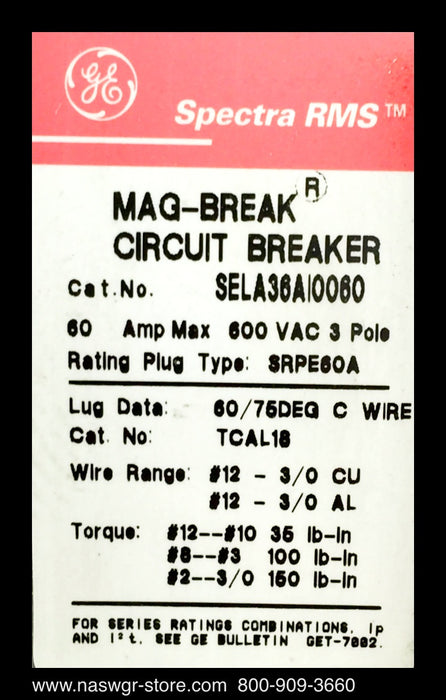 GE Spectra RMS SELA36AI0060 Circuit Breaker - 60 Amp - Unused