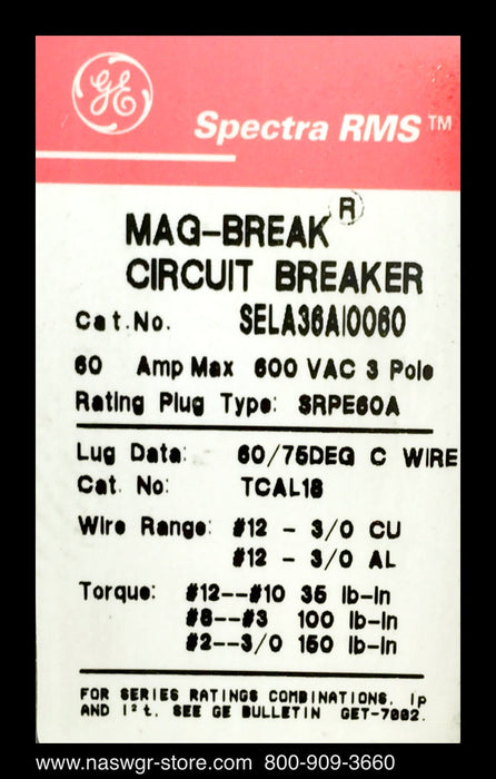 SELA36AI0060 ~ GE SELA36AI0060 Circuit Breaker 60 Amps ~ Unused Surplus