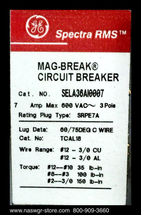 GE Spectra RMS SELA36AI0007 Circuit Breaker - 7 Amp - Unused