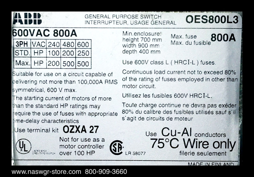ABB OES800L3 General Purpose Switch - 800 Amp