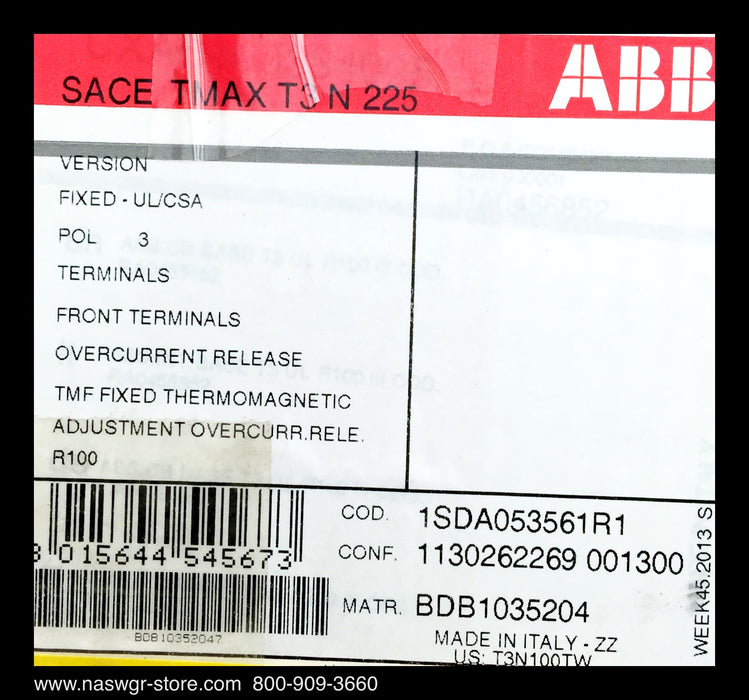 ABB Sace Tmax T3N Molded Case Circuit Breaker - 100 Amp - Unused