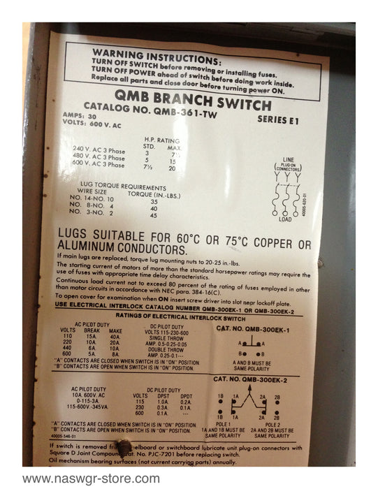 QMB361TW ~ Square D QMB361TW Panel Board Switch ~ 30 Amp