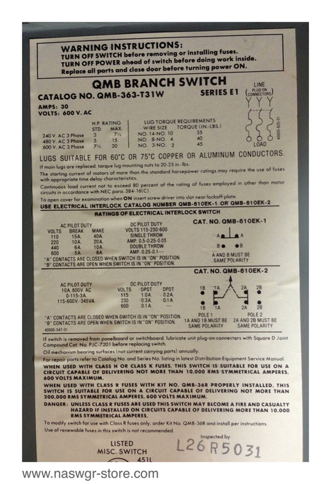 Square D QMB-363-T31W Panel Board Switch