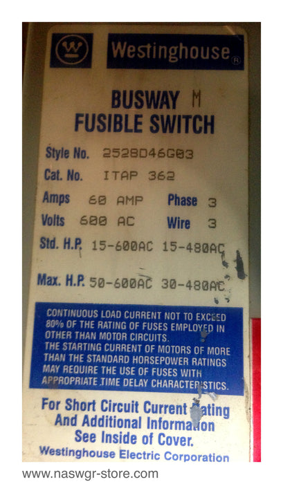 ITAP362 ~ Westinghouse ITAP362 Busway Fusible Switch ~ 60 Amp