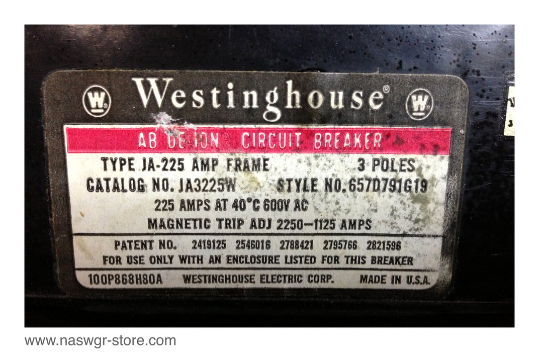 Westinghouse JA3225W Circuit Breaker ~ 225 Amp