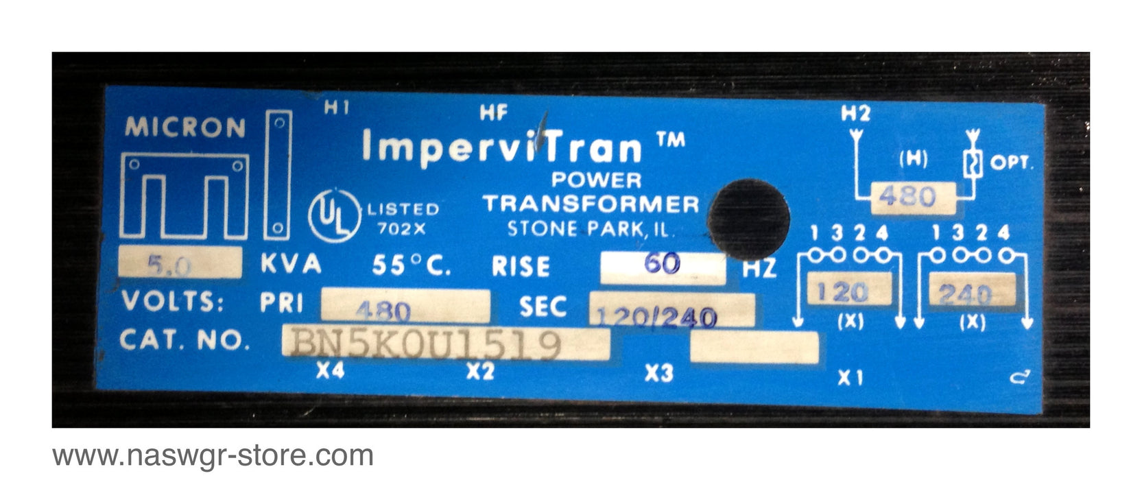 BN5K0U1519 , Micron / IMPERVITRAN BN5K0U1519 TRANSFORMER , 5.0 KVA , 60 Hz. , primary Volt: 480 , Secondary Volt: 120/240 , PN: BN5K0U1519