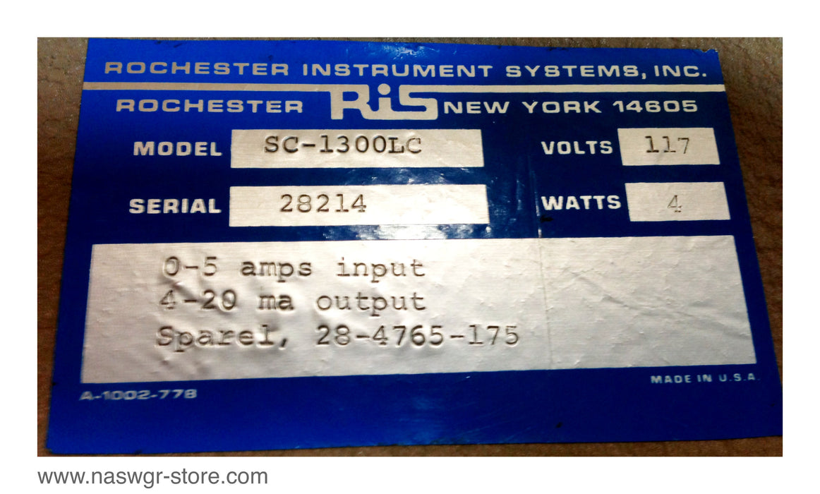 SC-1300LC , ROCHESTER INSTRUMENT SC1300LC TRANSMITTER, ACC , 117Volts , Serial: 28214 , 4 watts , 0-5 amps output , 4-20 ma input , sparel 284765-175 , PN: SC-1300LC