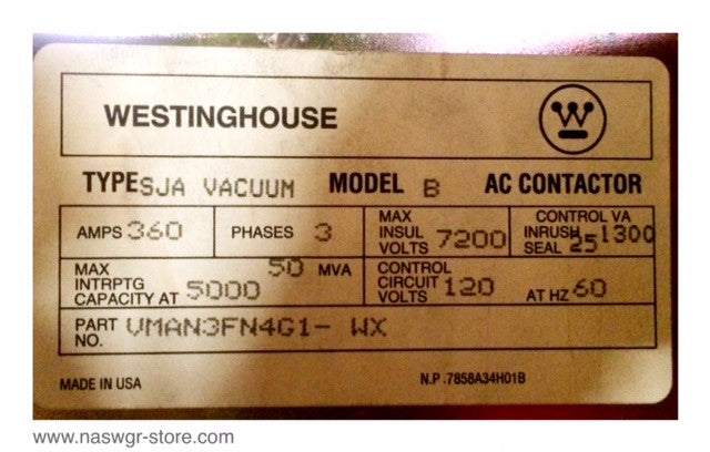 VMAN3FN4G1-WX ~ SJA ~ Westinghouse SJA Vacuum AC Contactor 360 Amps ~ 5259C33