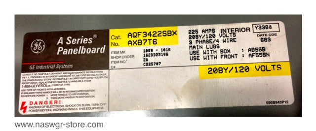 AQF3422SBX , AB55B , GE AQF3422SBX A Series Panelboard , NEMA 1 Enclosure , Box: AB55B , NO: AXB7T6 , 225 Amp , 208Y/120 Volts , 3 Phase, 4 Wire , PN: AQF3422SBX